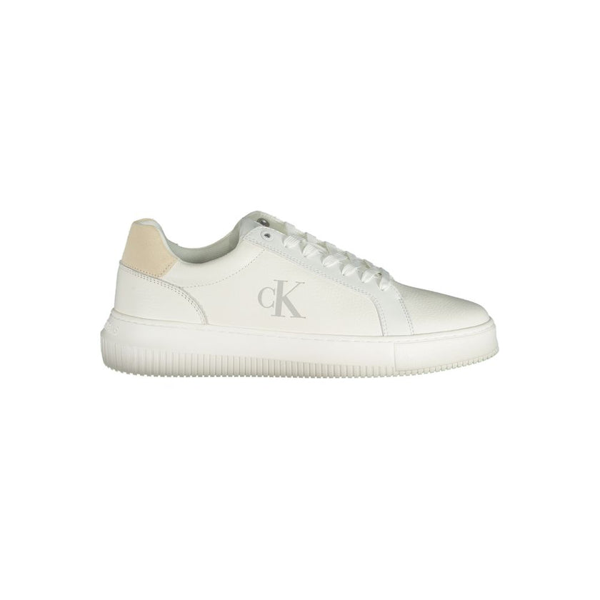 White Polyethylene Men SneakerElevate your sneaker game with the latest offering from Calvin Klein. These sleek kicks are a symphony of style and comfort, featuring a crisp white palette complemented by bold contrasting details. Every step feels personali