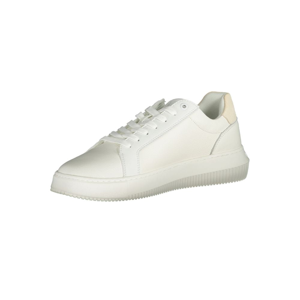 White Polyethylene Men SneakerElevate your sneaker game with the latest offering from Calvin Klein. These sleek kicks are a symphony of style and comfort, featuring a crisp white palette complemented by bold contrasting details. Every step feels personali