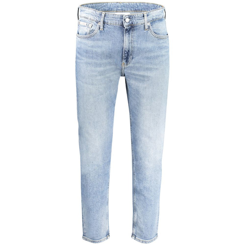 Blue Cotton Men JeansEmbrace the ultimate combination of eco-conscious fashion and timeless style with Calvin Klein’s reimagined dad jeans. Crafted with 20% recycled cotton, these jeans don’t just make a statement—they tell a story. With a fashion-forward