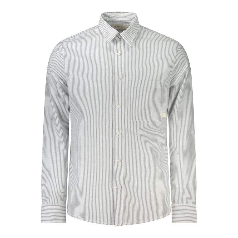 White Cotton Men ShirtElevate your wardrobe with the pristine sophistication of Calvin Klein. This long-sleeve striped shirt features a sleek Italian collar and 1-button cuffs for a defined, modern look. A single pocket and subtle logo application reflect