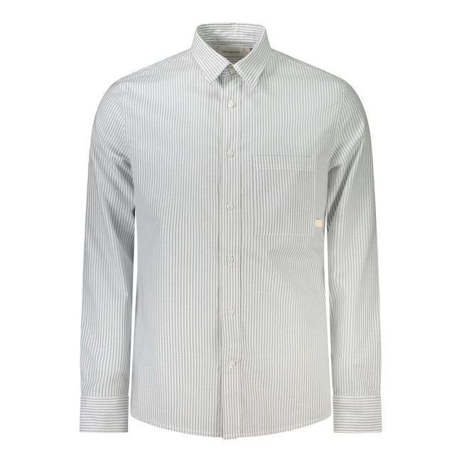 White Cotton Men ShirtElevate your wardrobe with the pristine sophistication of Calvin Klein. This long-sleeve striped shirt features a sleek Italian collar and 1-button cuffs for a defined, modern look. A single pocket and subtle logo application reflect