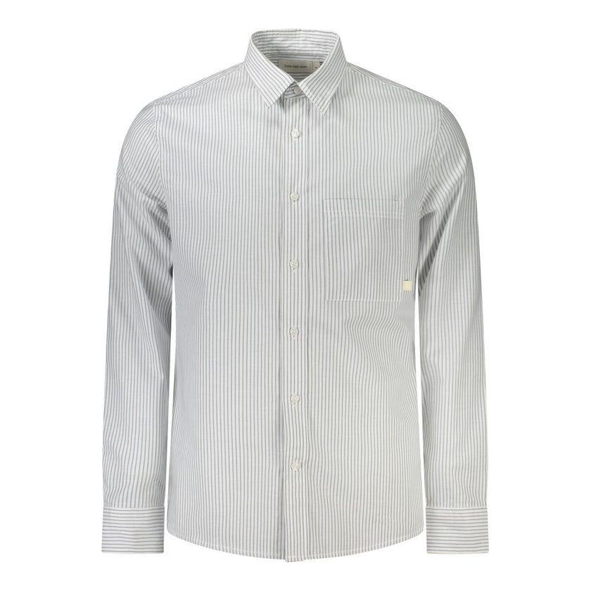 White Cotton Men ShirtElevate your wardrobe with the pristine sophistication of Calvin Klein. This long-sleeve striped shirt features a sleek Italian collar and 1-button cuffs for a defined, modern look. A single pocket and subtle logo application reflect