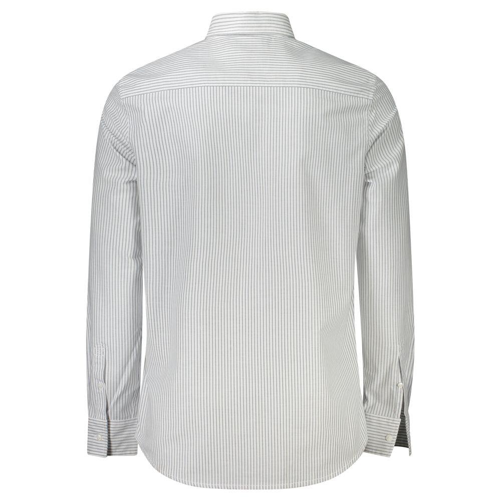 White Cotton Men ShirtElevate your wardrobe with the pristine sophistication of Calvin Klein. This long-sleeve striped shirt features a sleek Italian collar and 1-button cuffs for a defined, modern look. A single pocket and subtle logo application reflect