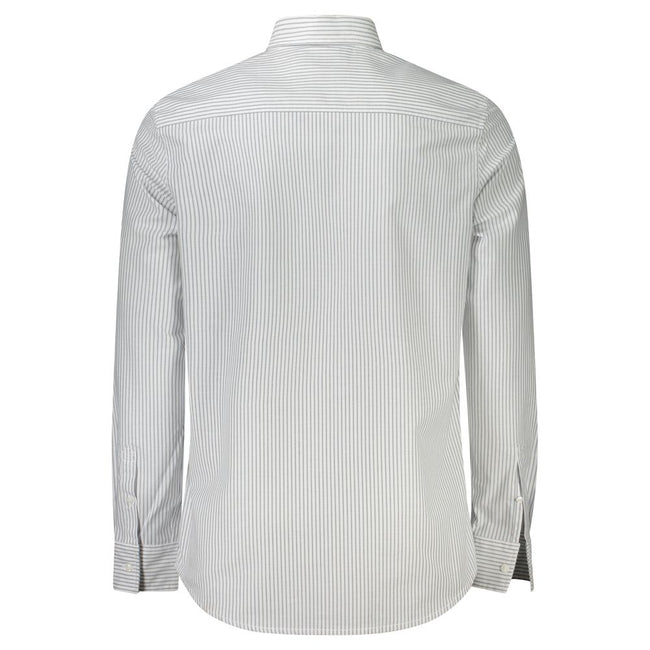 White Cotton Men ShirtElevate your wardrobe with the pristine sophistication of Calvin Klein. This long-sleeve striped shirt features a sleek Italian collar and 1-button cuffs for a defined, modern look. A single pocket and subtle logo application reflect