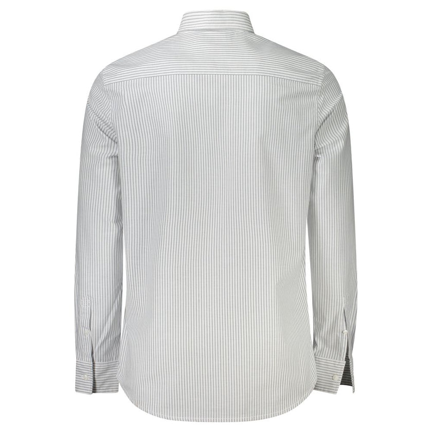 White Cotton Men ShirtElevate your wardrobe with the pristine sophistication of Calvin Klein. This long-sleeve striped shirt features a sleek Italian collar and 1-button cuffs for a defined, modern look. A single pocket and subtle logo application reflect