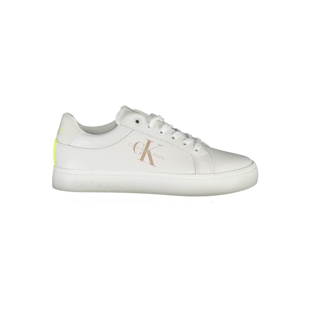White Leather Women SneakerElevate your sneaker game with the latest from Calvin Klein, where eco-conscious design meets high-end style. These sporty sneakers are a medley of sophistication and comfort, featuring contrasting details and the iconic logo bo