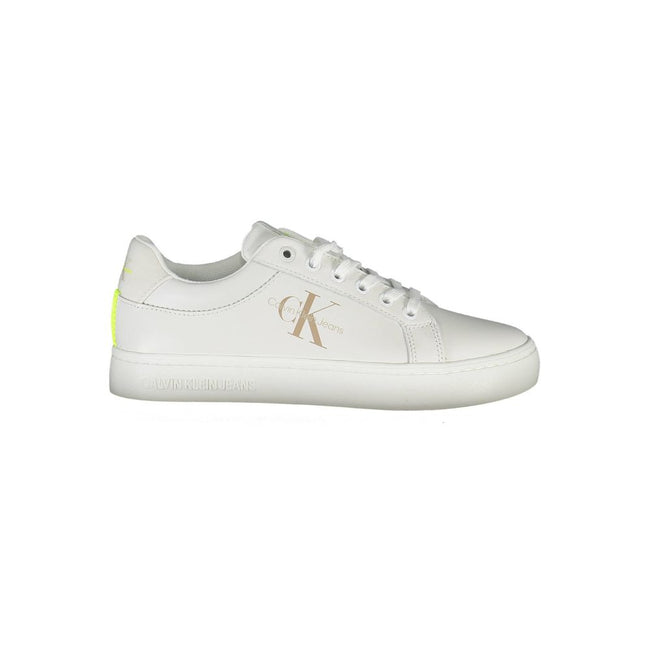 White Leather Women SneakerElevate your sneaker game with the latest from Calvin Klein, where eco-conscious design meets high-end style. These sporty sneakers are a medley of sophistication and comfort, featuring contrasting details and the iconic logo bo