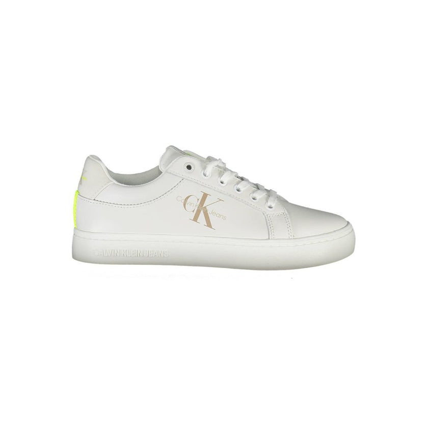 White Leather Women SneakerElevate your sneaker game with the latest from Calvin Klein, where eco-conscious design meets high-end style. These sporty sneakers are a medley of sophistication and comfort, featuring contrasting details and the iconic logo bo