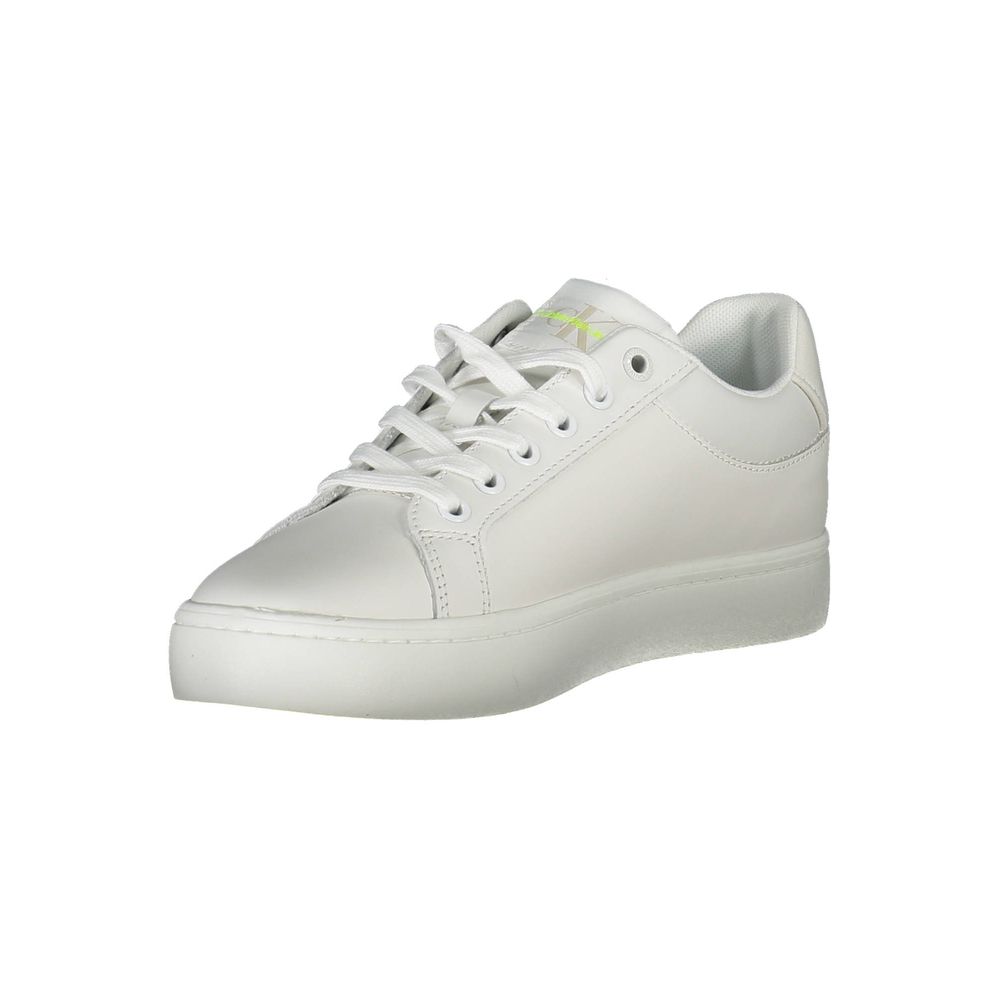 White Leather Women SneakerElevate your sneaker game with the latest from Calvin Klein, where eco-conscious design meets high-end style. These sporty sneakers are a medley of sophistication and comfort, featuring contrasting details and the iconic logo bo