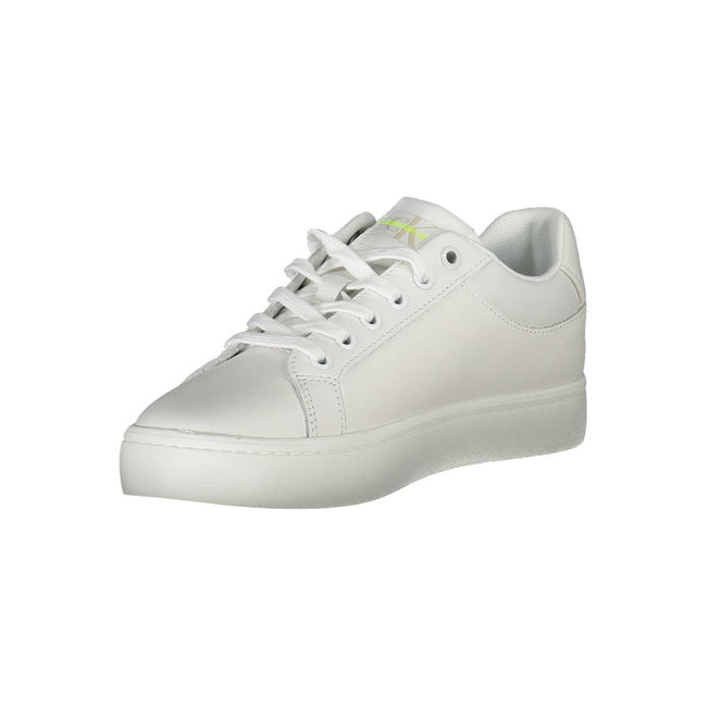 White Leather Women SneakerElevate your sneaker game with the latest from Calvin Klein, where eco-conscious design meets high-end style. These sporty sneakers are a medley of sophistication and comfort, featuring contrasting details and the iconic logo bo