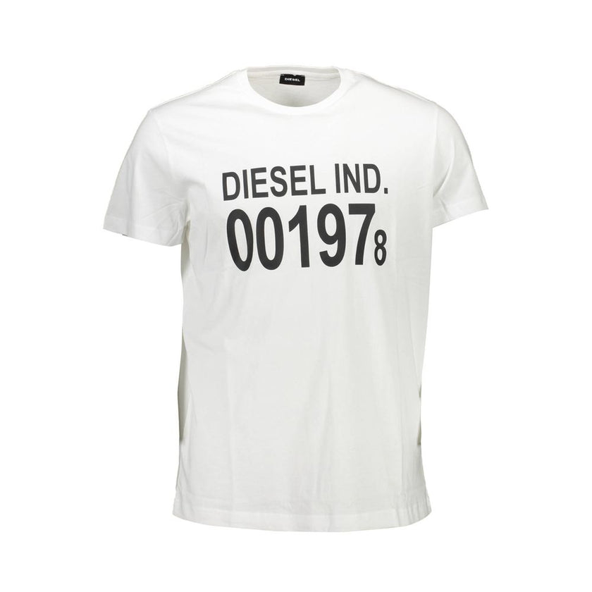 White Cotton Men T-ShirtEmbrace the bold spirit of Diesel with this standout white T-shirt, featuring a striking print that encapsulates the brand’s edgy aesthetic. Crafted from the softest cotton for unmatched comfort and breathability, this tee is perfe