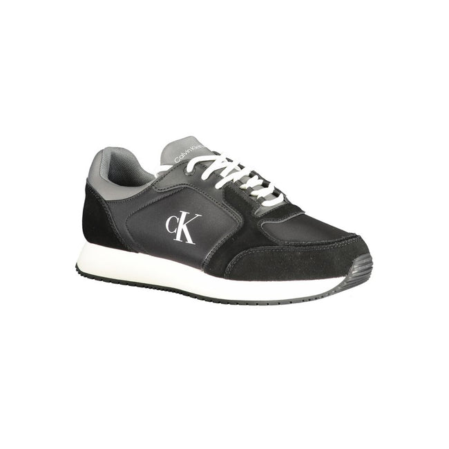 Black Leather Men SneakerElevate your sneaker game with the Calvin Klein edge. Crafted for the modern man, these dynamic sports shoes blend sleek black sophistication with bold contrasting details in grey and white that demand attention. Designed for both