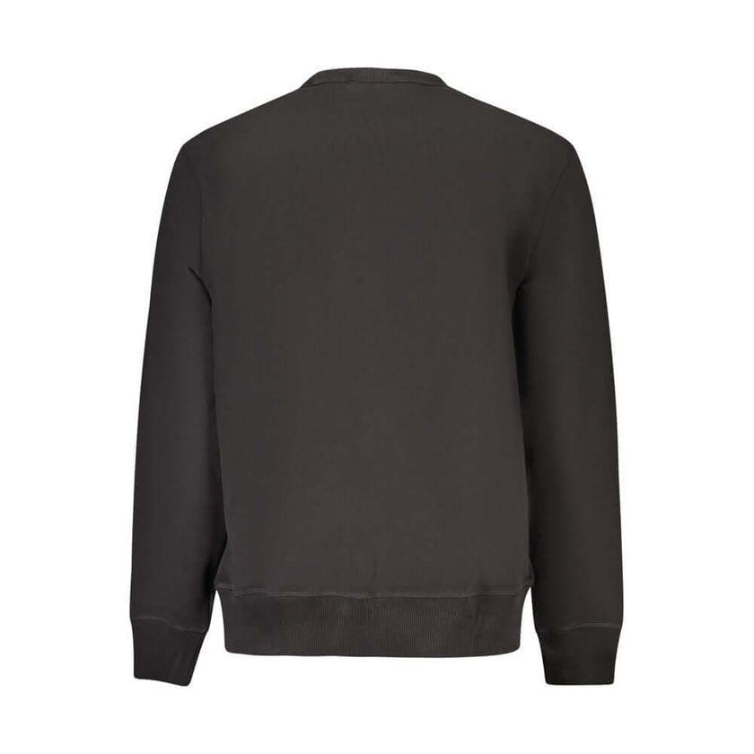 Black Cotton Men SweaterElevate your wardrobe with the unmistakable charm of Calvin Klein. This sleek black long sleeve sweatshirt, crafted from a sumptuous 95% regenerative cotton, promises both comfort and style. The brushed fabric offers a luxurious fe