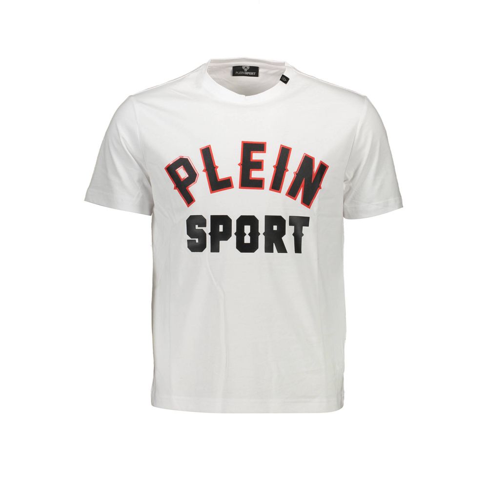 White Cotton Men T-ShirtElevate your casual wardrobe with the striking aesthetics of Plein Sport. This crisp white short-sleeve t-shirt boasts a crew neck design, punctuated with bold contrasting details that command attention. The front showcases an elab