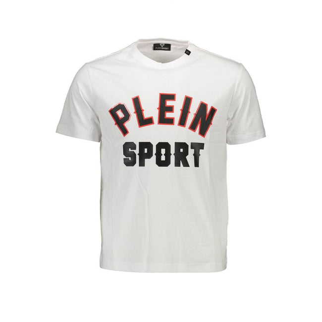 White Cotton Men T-ShirtElevate your casual wardrobe with the striking aesthetics of Plein Sport. This crisp white short-sleeve t-shirt boasts a crew neck design, punctuated with bold contrasting details that command attention. The front showcases an elab