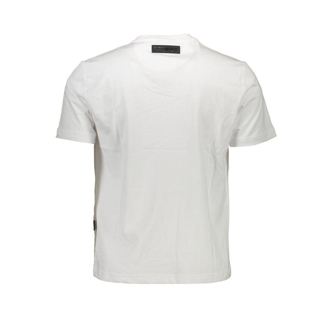 White Cotton Men T-ShirtElevate your casual wardrobe with the striking aesthetics of Plein Sport. This crisp white short-sleeve t-shirt boasts a crew neck design, punctuated with bold contrasting details that command attention. The front showcases an elab