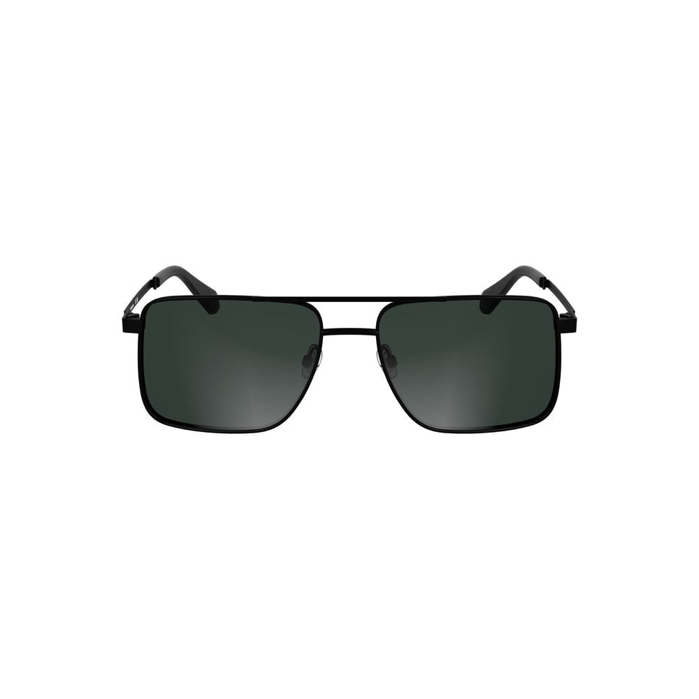 Black Metal Men SunglassElevate your eyewear with these striking Calvin Klein sunglasses, a fusion of bold design and refined style. These sunnies boast a sleek metal frame with a timeless square lens silhouette, enveloped in a deep black hue that command