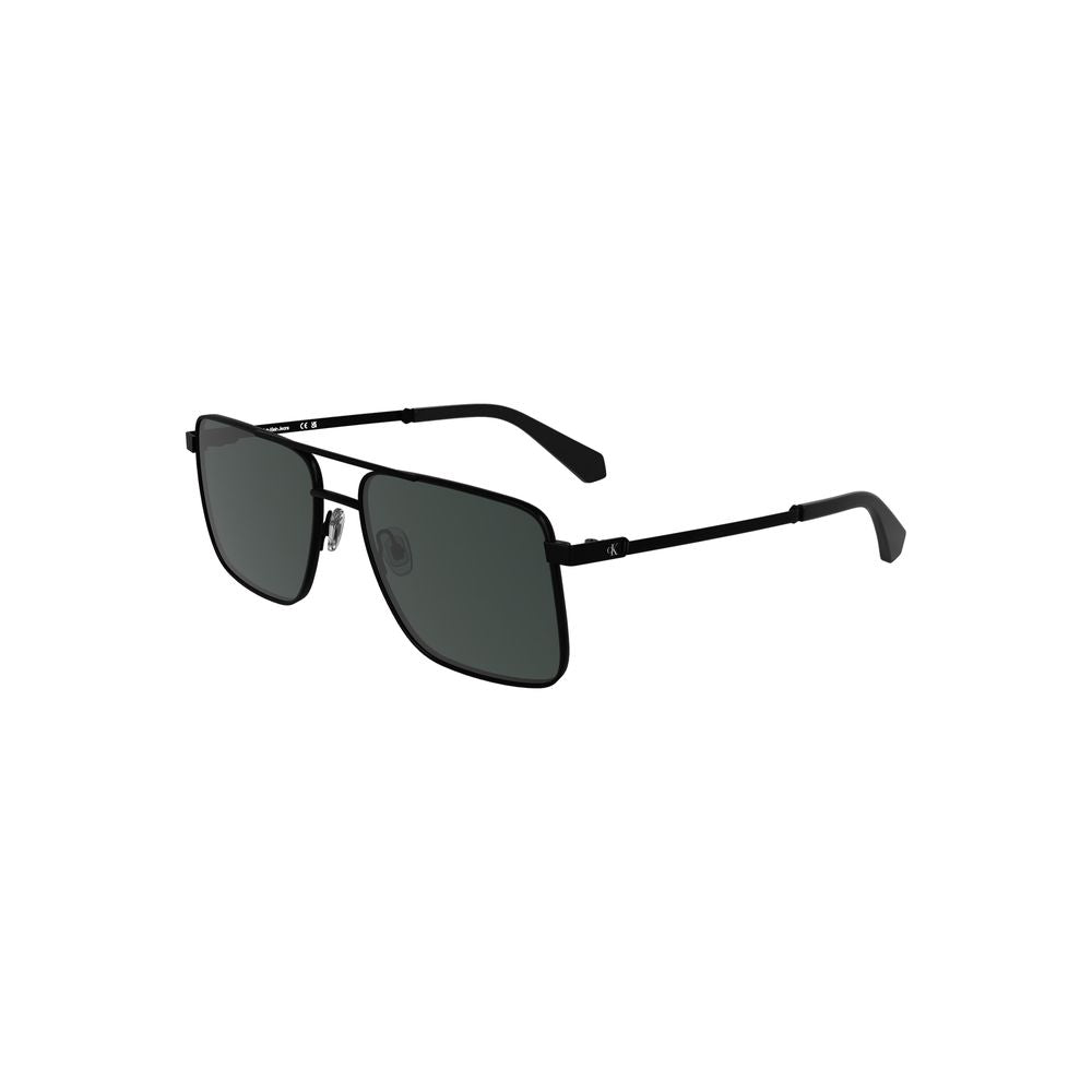 Black Metal Men SunglassElevate your eyewear with these striking Calvin Klein sunglasses, a fusion of bold design and refined style. These sunnies boast a sleek metal frame with a timeless square lens silhouette, enveloped in a deep black hue that command