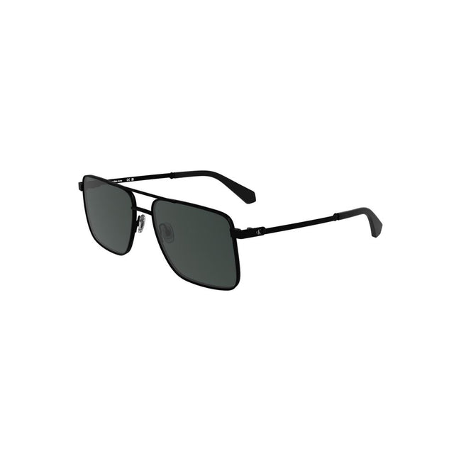 Black Metal Men SunglassElevate your eyewear with these striking Calvin Klein sunglasses, a fusion of bold design and refined style. These sunnies boast a sleek metal frame with a timeless square lens silhouette, enveloped in a deep black hue that command