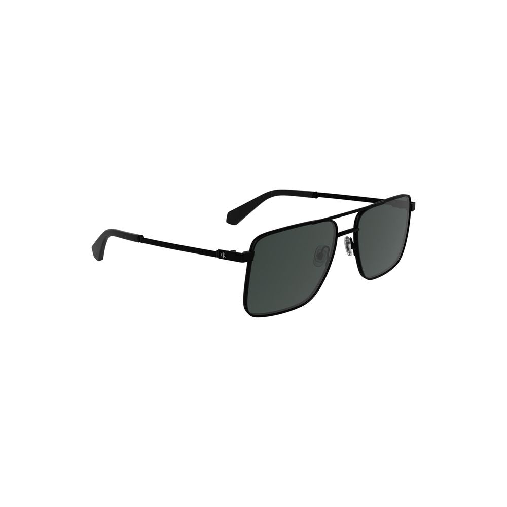 Black Metal Men SunglassElevate your eyewear with these striking Calvin Klein sunglasses, a fusion of bold design and refined style. These sunnies boast a sleek metal frame with a timeless square lens silhouette, enveloped in a deep black hue that command