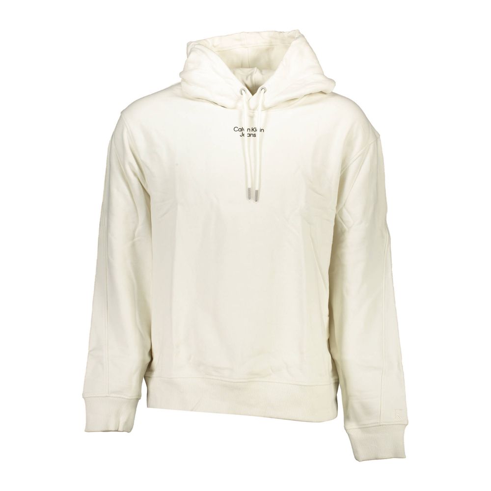 White Cotton Men SweaterElevate your casual wardrobe with the unmistakable style of Calvin Klein. This sleek, long-sleeved hooded sweatshirt, featuring a brushed finish for that extra touch of luxury, is adorned with a standout print and the iconic Calvin