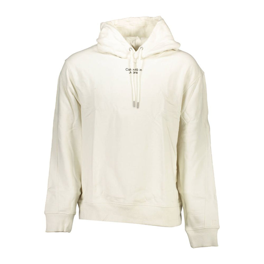 White Cotton Men SweaterElevate your casual wardrobe with the unmistakable style of Calvin Klein. This sleek, long-sleeved hooded sweatshirt, featuring a brushed finish for that extra touch of luxury, is adorned with a standout print and the iconic Calvin