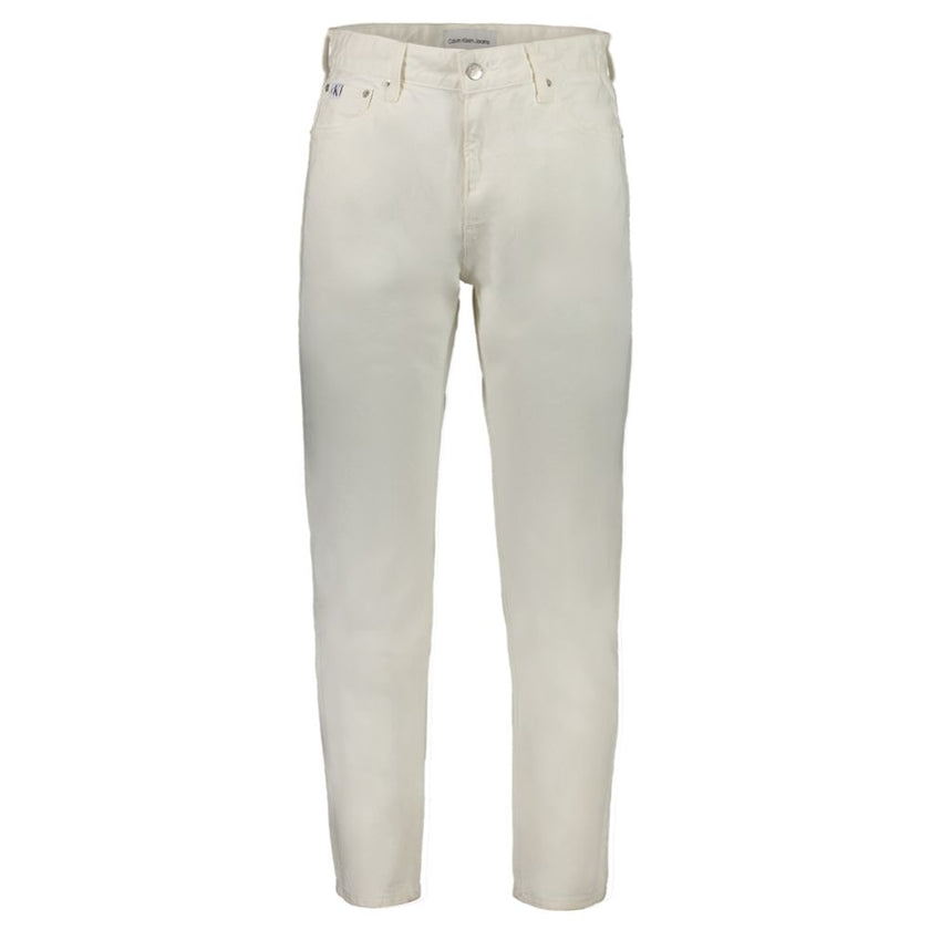 White Cotton Men's JeansElevate your wardrobe with the timeless sophistication of Calvin Klein’s white Dad Jeans. A style that boldly defies trends, these jeans boast a comfortable yet stylish silhouette with classic 5-pocket detailing and a secure button