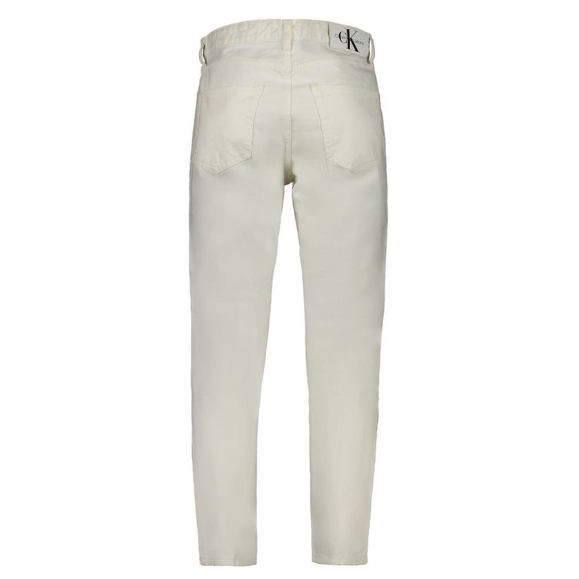 White Cotton Men's JeansElevate your wardrobe with the timeless sophistication of Calvin Klein’s white Dad Jeans. A style that boldly defies trends, these jeans boast a comfortable yet stylish silhouette with classic 5-pocket detailing and a secure button