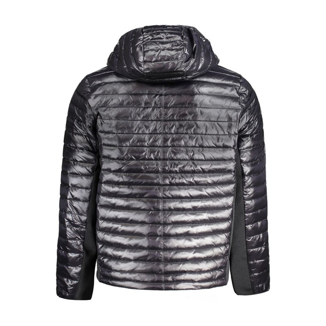 Black Nylon Men JacketUnleash an aura of effortlessly chic style with this Calvin Klein masterpiece. Tailored to perfection, this long sleeve jacket is the quintessence of sleek urban fashion. With its sharp contrasting details and a snug hood, it embodie