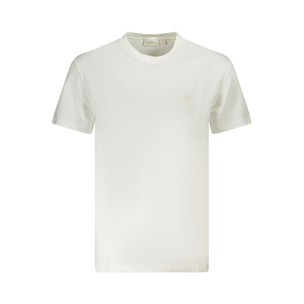 White Cotton Men T-ShirtElevate your wardrobe essentials with this Calvin Klein masterpiece. A fresh white hue is the canvas for a bold logo print that exudes confidence and contemporary edge. Crafted from high-quality, regenerative cotton, this crew neck
