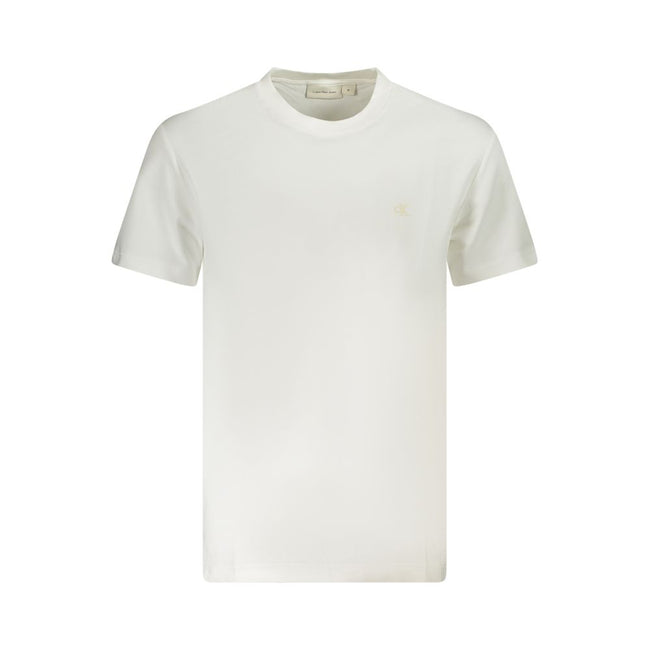 White Cotton Men T-ShirtElevate your wardrobe essentials with this Calvin Klein masterpiece. A fresh white hue is the canvas for a bold logo print that exudes confidence and contemporary edge. Crafted from high-quality, regenerative cotton, this crew neck