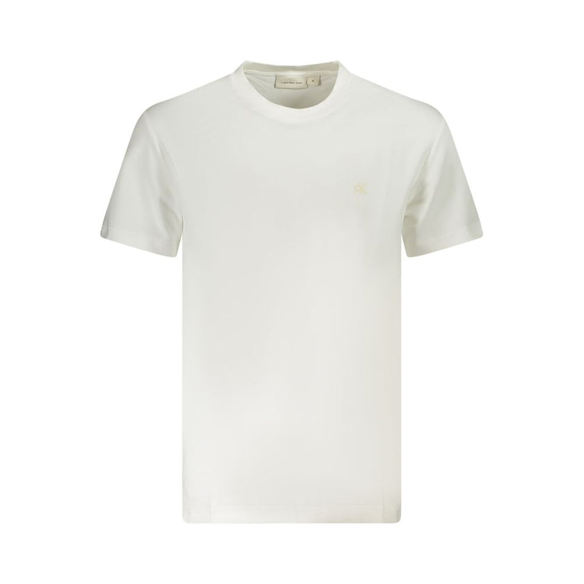 White Cotton Men T-ShirtElevate your wardrobe essentials with this Calvin Klein masterpiece. A fresh white hue is the canvas for a bold logo print that exudes confidence and contemporary edge. Crafted from high-quality, regenerative cotton, this crew neck