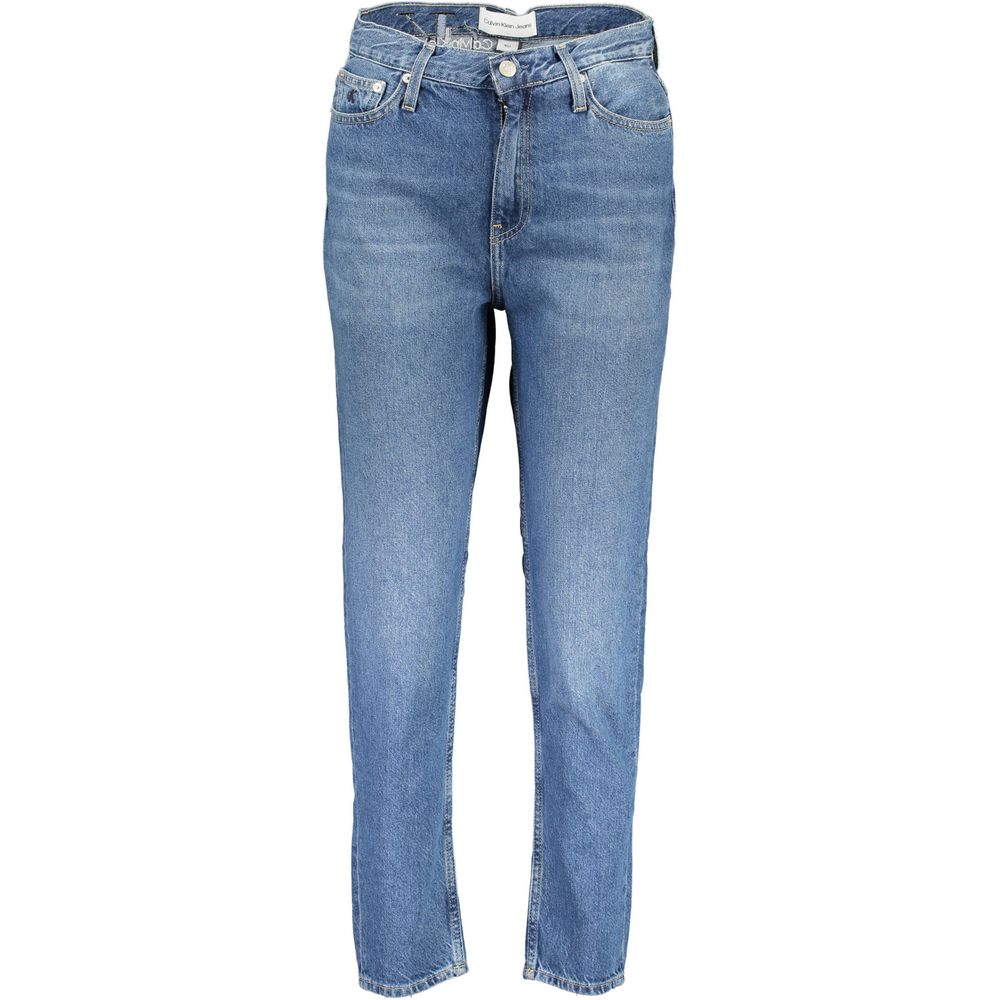 Blue Cotton Women JeansElevate your denim wardrobe with these Calvin Klein high-waist jeans that exude effortless sophistication. Crafted with a chic faded effect and bold contrasting details, each pair is a statement in style. The embroidery adds a refin