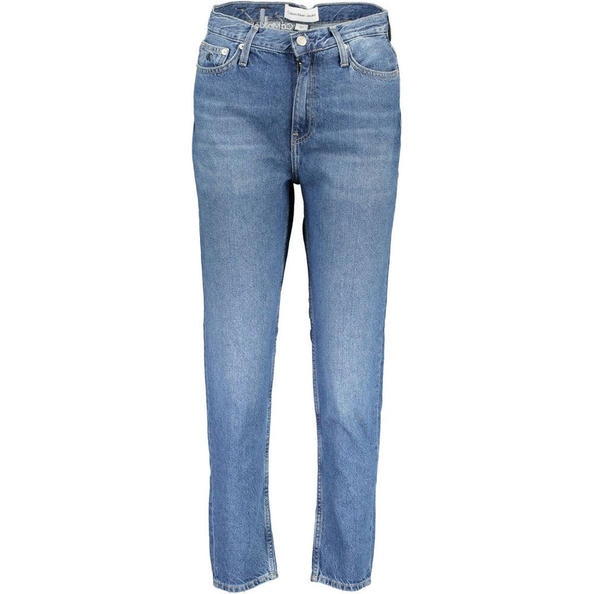 Blue Cotton Women JeansElevate your denim wardrobe with these Calvin Klein high-waist jeans that exude effortless sophistication. Crafted with a chic faded effect and bold contrasting details, each pair is a statement in style. The embroidery adds a refin
