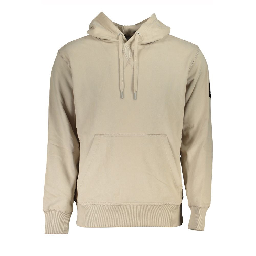 Beige Cotton Men SweaterElevate your off-duty wardrobe with the Calvin Klein long-sleeved sweatshirt, a perfect blend of comfort and designer flair. Crafted from the softest cotton, this beige hooded sweatshirt boasts a cozy fleece interior, a practical c