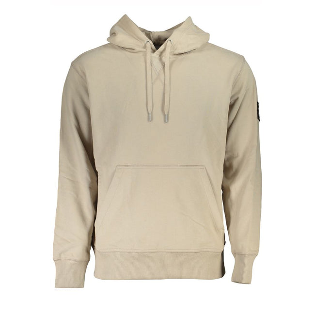 Beige Cotton Men SweaterElevate your off-duty wardrobe with the Calvin Klein long-sleeved sweatshirt, a perfect blend of comfort and designer flair. Crafted from the softest cotton, this beige hooded sweatshirt boasts a cozy fleece interior, a practical c