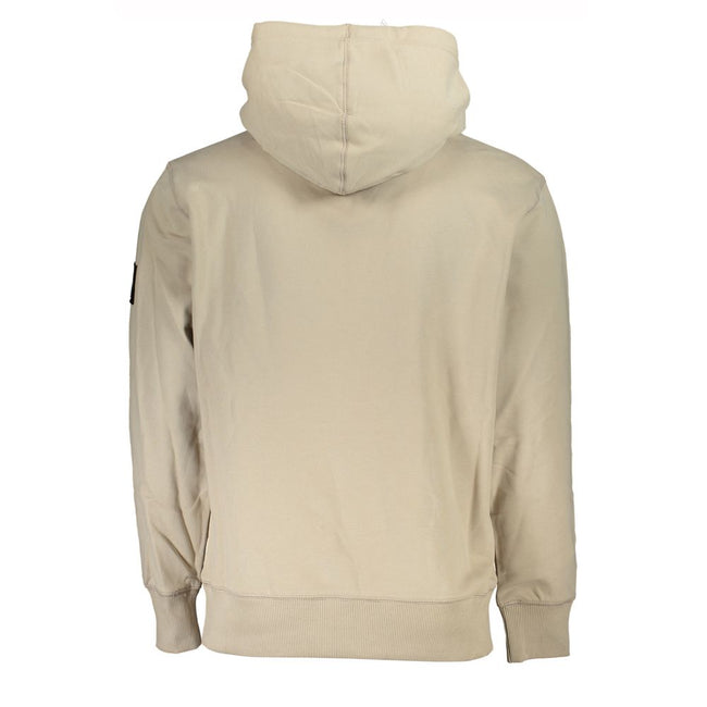 Beige Cotton Men SweaterElevate your off-duty wardrobe with the Calvin Klein long-sleeved sweatshirt, a perfect blend of comfort and designer flair. Crafted from the softest cotton, this beige hooded sweatshirt boasts a cozy fleece interior, a practical c