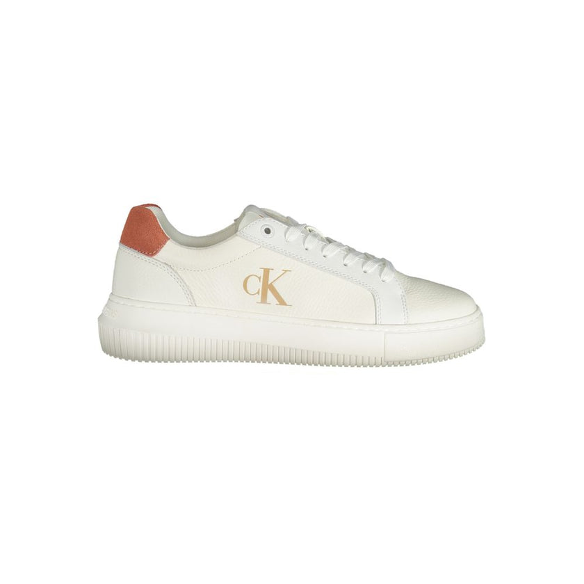 White Polyethylene Women SneakerElevate your athleisure ensemble with the dynamic fusion of style and comfort in these Calvin Klein sneakers. Striking the perfect balance between sporty and chic, these kicks feature eye-catching pink accents and the iconi