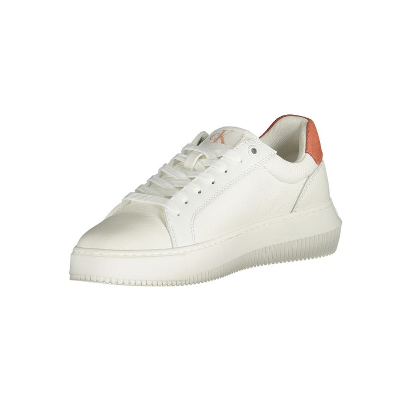 White Polyethylene Women SneakerElevate your athleisure ensemble with the dynamic fusion of style and comfort in these Calvin Klein sneakers. Striking the perfect balance between sporty and chic, these kicks feature eye-catching pink accents and the iconi