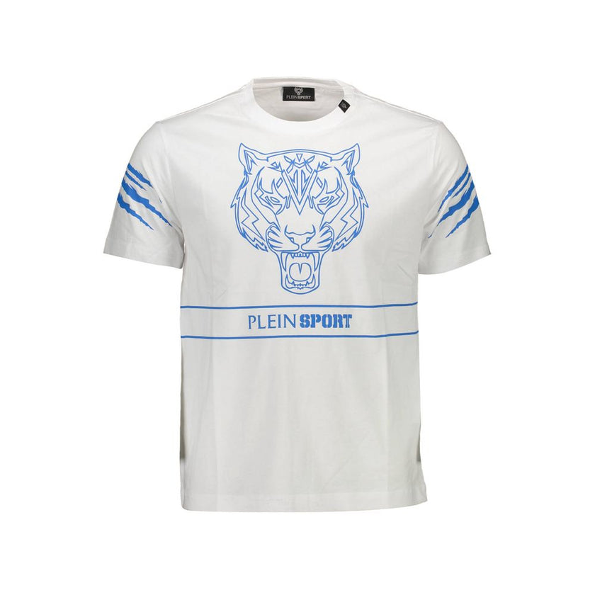 White Cotton Men T-ShirtUnleash the essence of daring elegance with this ‘Plein Sport’ masterpiece. Crisp white sets the stage for distinctive contrasting details and the brand’s bold logo, making this t-shirt more than just a garment—it’s a statement. Pe