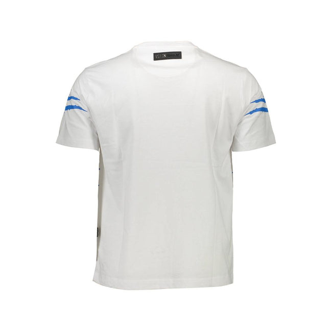 White Cotton Men T-ShirtUnleash the essence of daring elegance with this ‘Plein Sport’ masterpiece. Crisp white sets the stage for distinctive contrasting details and the brand’s bold logo, making this t-shirt more than just a garment—it’s a statement. Pe
