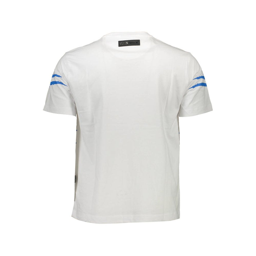White Cotton Men T-ShirtUnleash the essence of daring elegance with this ‘Plein Sport’ masterpiece. Crisp white sets the stage for distinctive contrasting details and the brand’s bold logo, making this t-shirt more than just a garment—it’s a statement. Pe