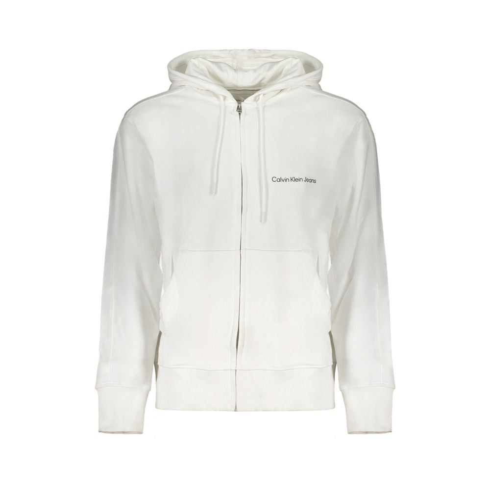 White Cotton Men's Hooded SweaterElevate your casual wardrobe with the sleek sophistication of Calvin Klein. This white hooded sweatshirt promises to be the cornerstone of urban-cool ensembles. Crafted with 95% regenerative cotton, it’s as eco-conscious a
