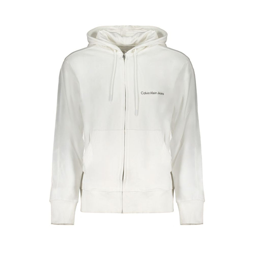 White Cotton Men's Hooded SweaterElevate your casual wardrobe with the sleek sophistication of Calvin Klein. This white hooded sweatshirt promises to be the cornerstone of urban-cool ensembles. Crafted with 95% regenerative cotton, it’s as eco-conscious a