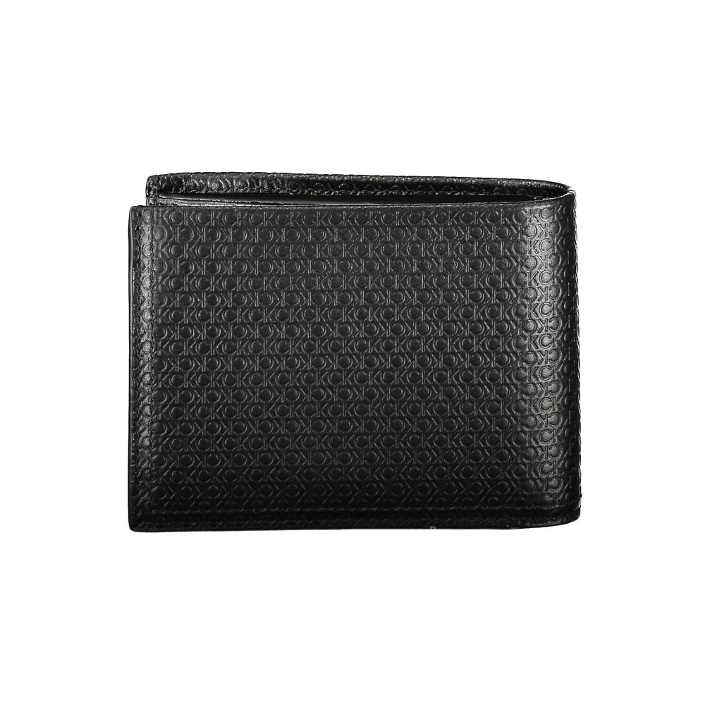 Sleek Black Leather Bifold Wallet with RFID BlockImmerse into the world of style and security with this sleek black leather wallet from Calvin Klein. Designed not only for aesthetic appeal but also with functionality in mind, it comes equipped with RFID b
