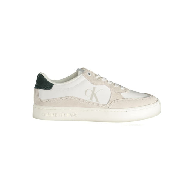 White Leather Men SneakerElevate your sneaker game with the sheer sophistication of Calvin Klein. These sneakers boast a daring blend of environmental consciousness and bold style, featuring a classic lace-up design complemented by an eye-catching print a