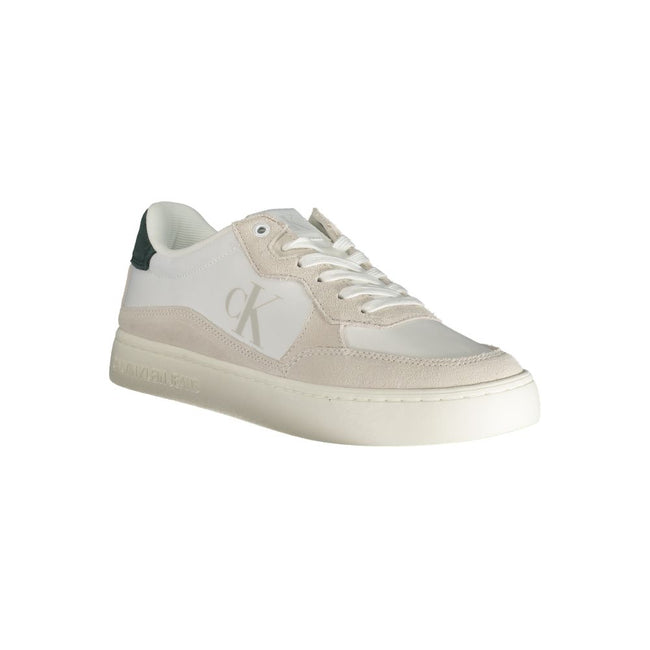 White Leather Men SneakerElevate your sneaker game with the sheer sophistication of Calvin Klein. These sneakers boast a daring blend of environmental consciousness and bold style, featuring a classic lace-up design complemented by an eye-catching print a