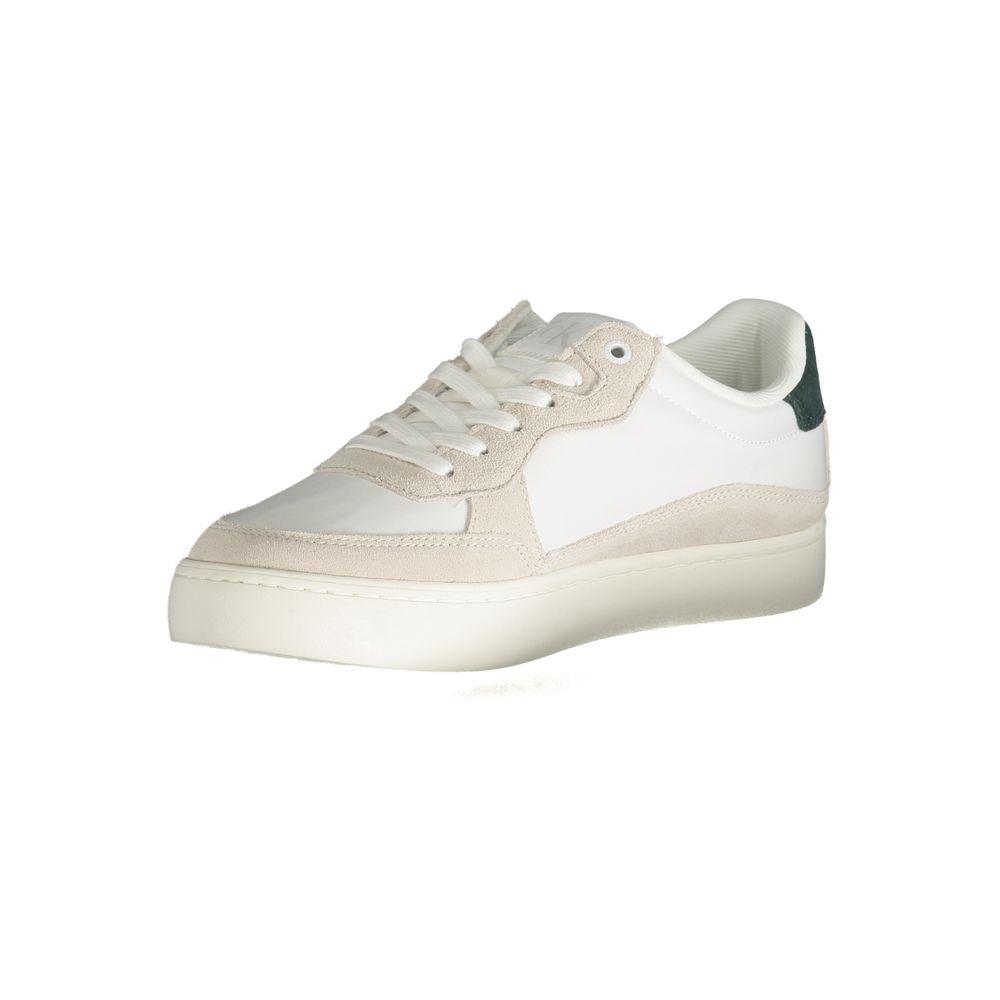 White Leather Men SneakerElevate your sneaker game with the sheer sophistication of Calvin Klein. These sneakers boast a daring blend of environmental consciousness and bold style, featuring a classic lace-up design complemented by an eye-catching print a