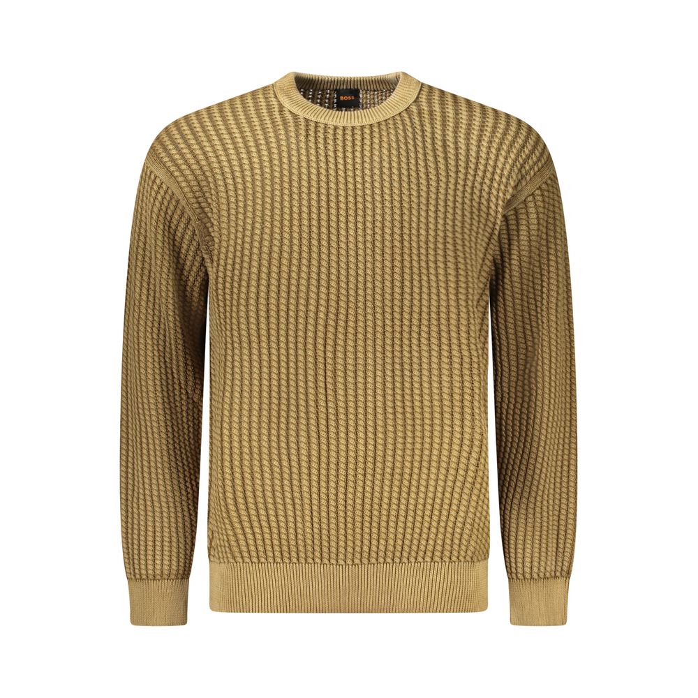Brown Cotton Men SweaterElevate your wardrobe with the quintessential refinement of Hugo Boss. This sumptuous brown sweater, crafted from 100% plush cotton, is your ticket to effortless style. Its long sleeves, classic crew neck, and distinctive contrasti