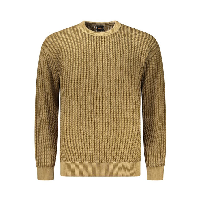 Brown Cotton Men SweaterElevate your wardrobe with the quintessential refinement of Hugo Boss. This sumptuous brown sweater, crafted from 100% plush cotton, is your ticket to effortless style. Its long sleeves, classic crew neck, and distinctive contrasti
